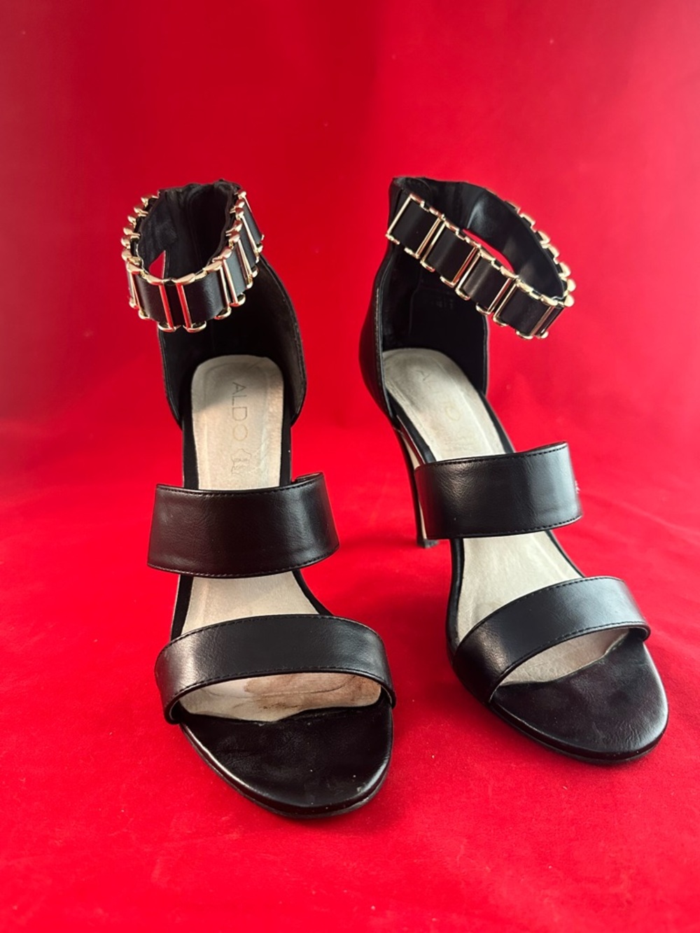 ALDO Black Leather Ankle-Strap High Heel Sandals with Gold Accents
